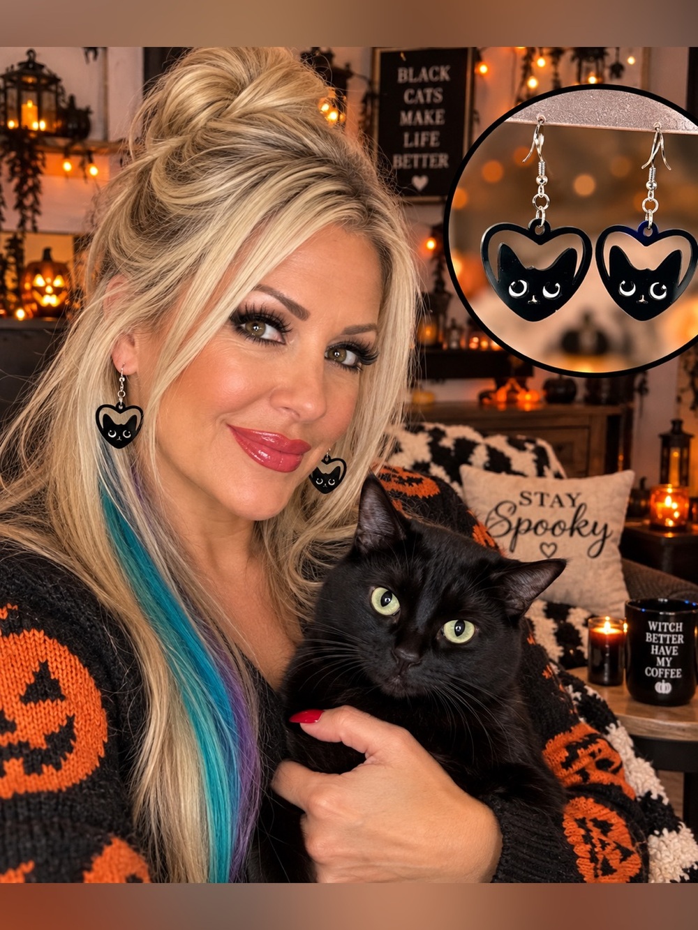 Hand Crafted Black Cat heart earrings hypoallergenic hooks NEW made to order